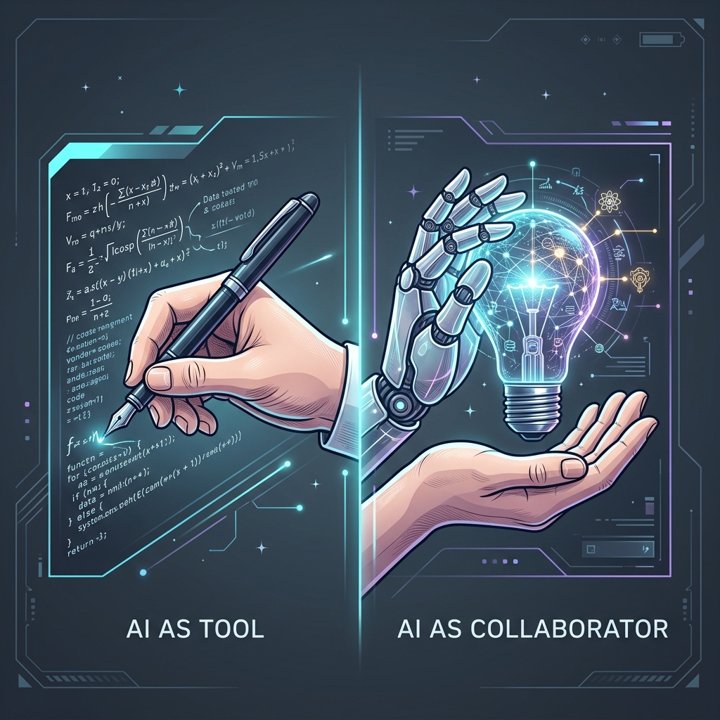 Illustration representing generative AI as a tool vs. collaborator in pedagogy