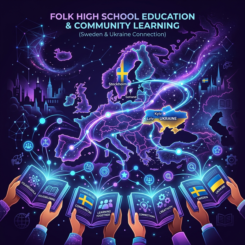 Futuristic illustration connecting Sweden and Ukraine representing adult pedagogy and community learning