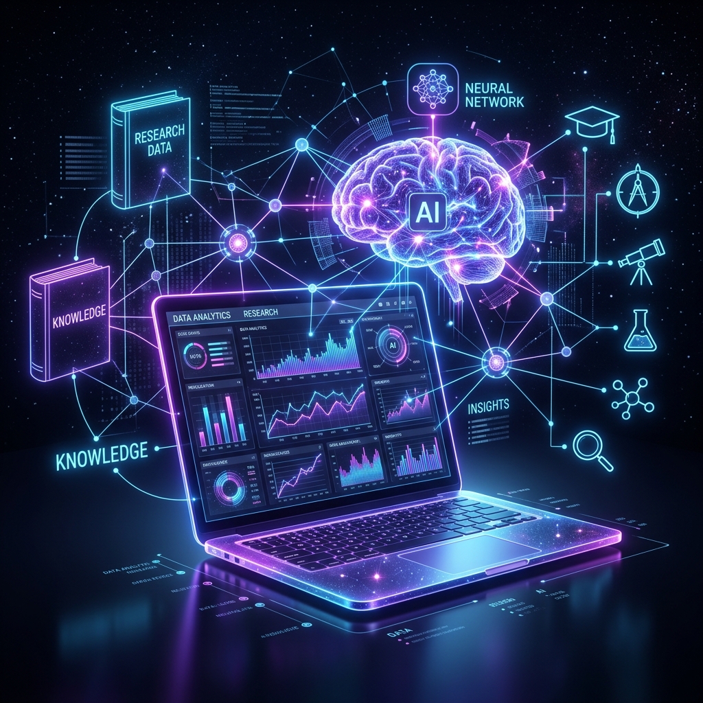 Futuristic representation of a glowing laptop, gears, and books showing research and LLMs integration