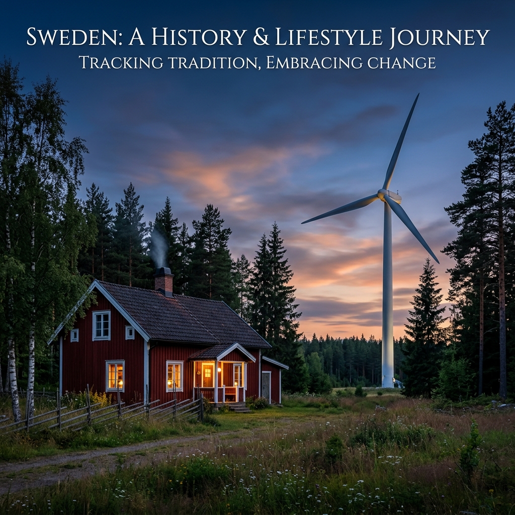 Traditional Swedish cottage and modern wind turbine representing kinetic energy corridors