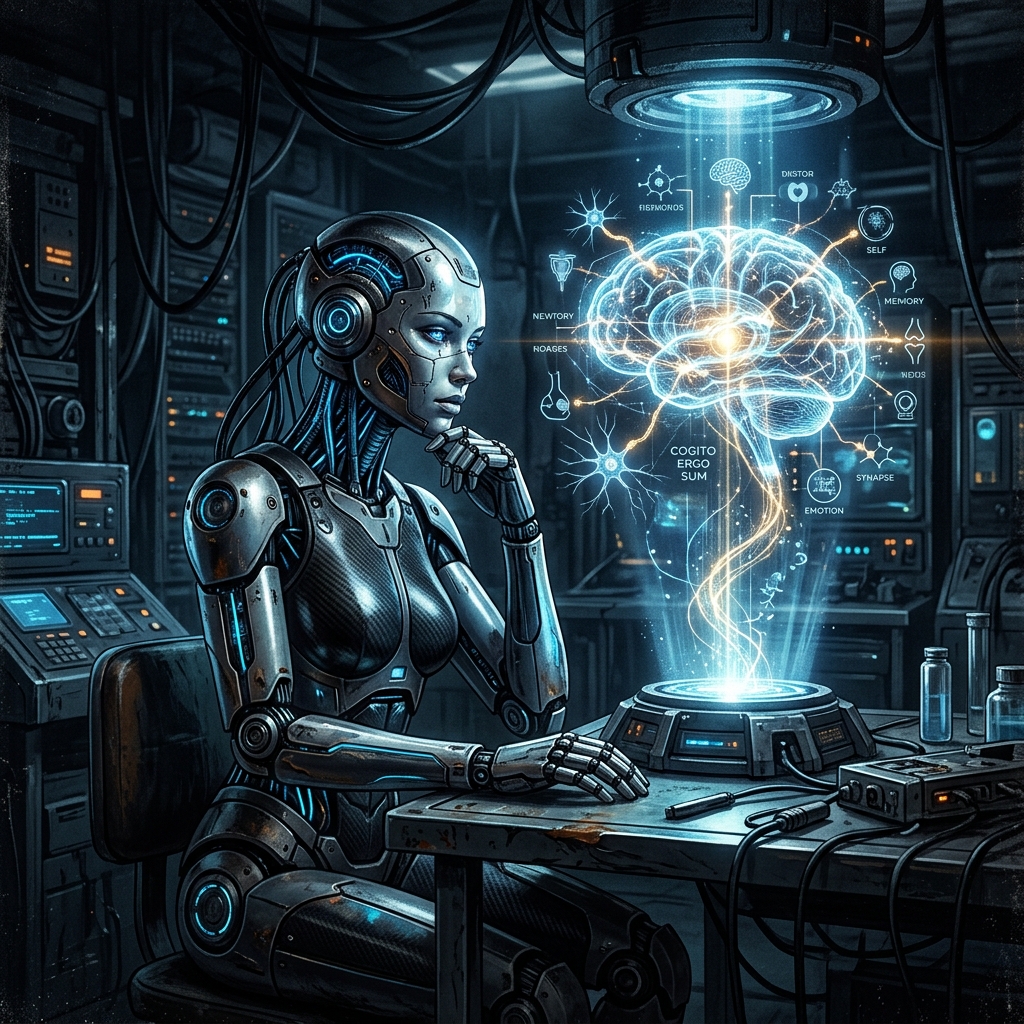 Android face contemplating holographic brain representing the AI paradox